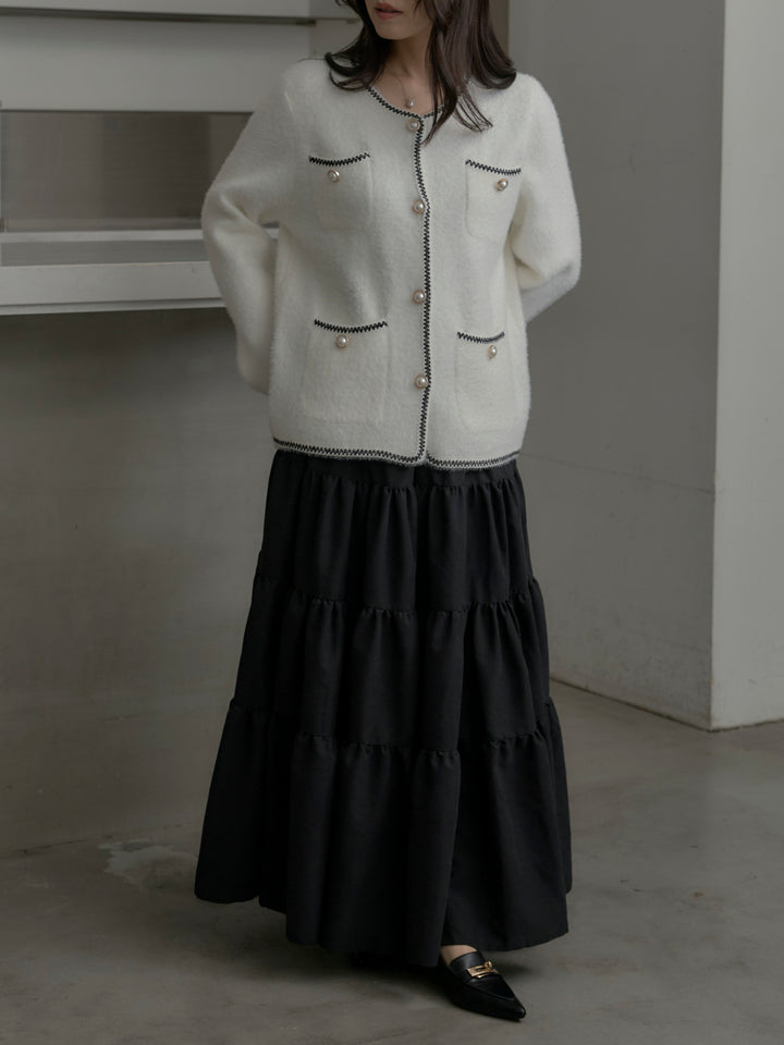 【SET】モヘアタッチパールボタンニットカーディガン+【Essential】ピーチスキンティアードスカート(2set)