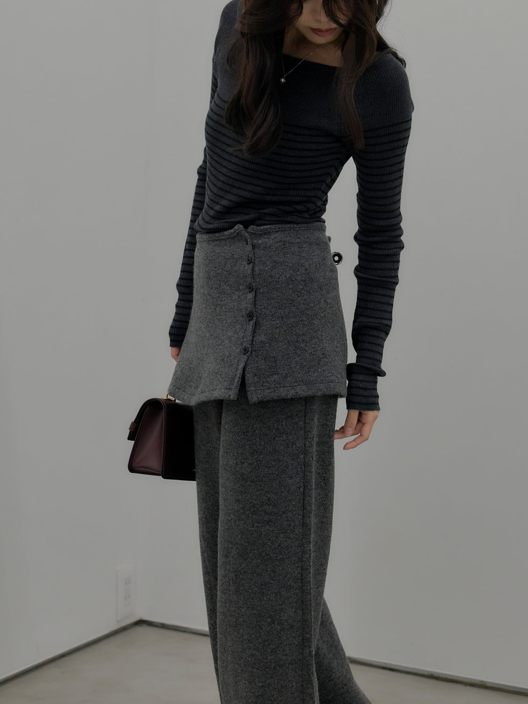 【SET】ハーフボーダーニットトップス+ミックスヤーンニットラップパンツ(2set)