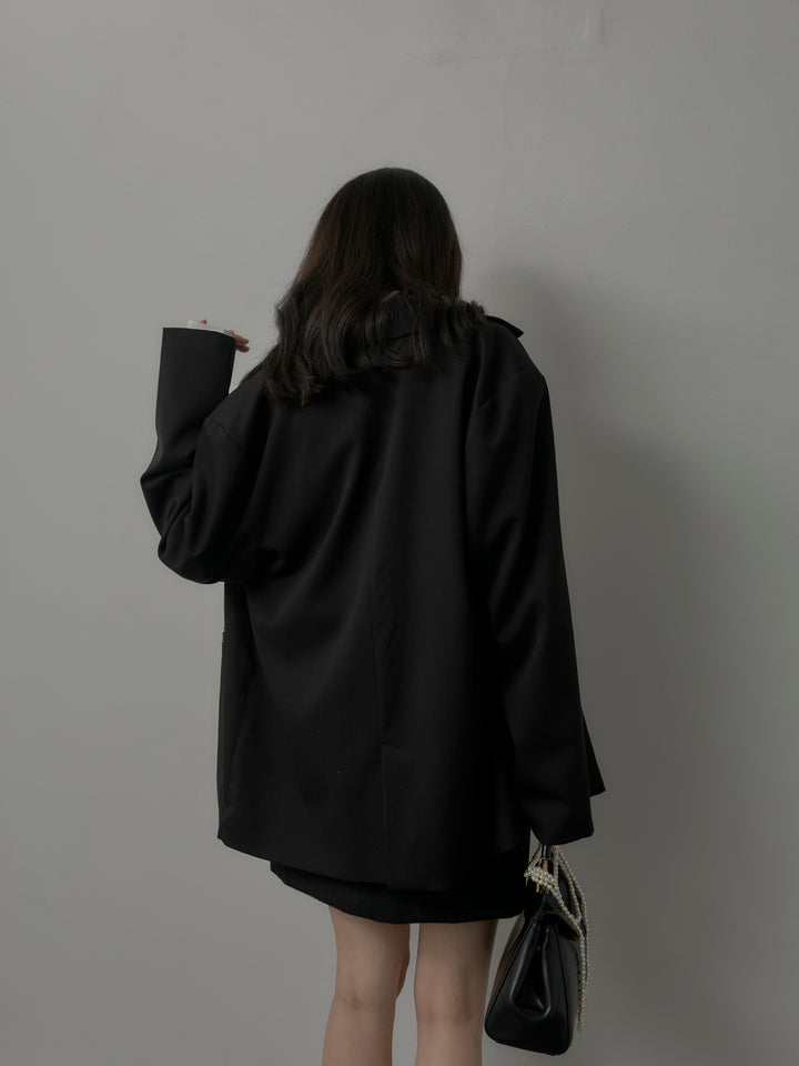 【SET】【Essential】ボックスシルエットテーラードジャケット+ケープ付きオーバーサテンシャツ+【Essential】ウールタッチミニスカート(3set)