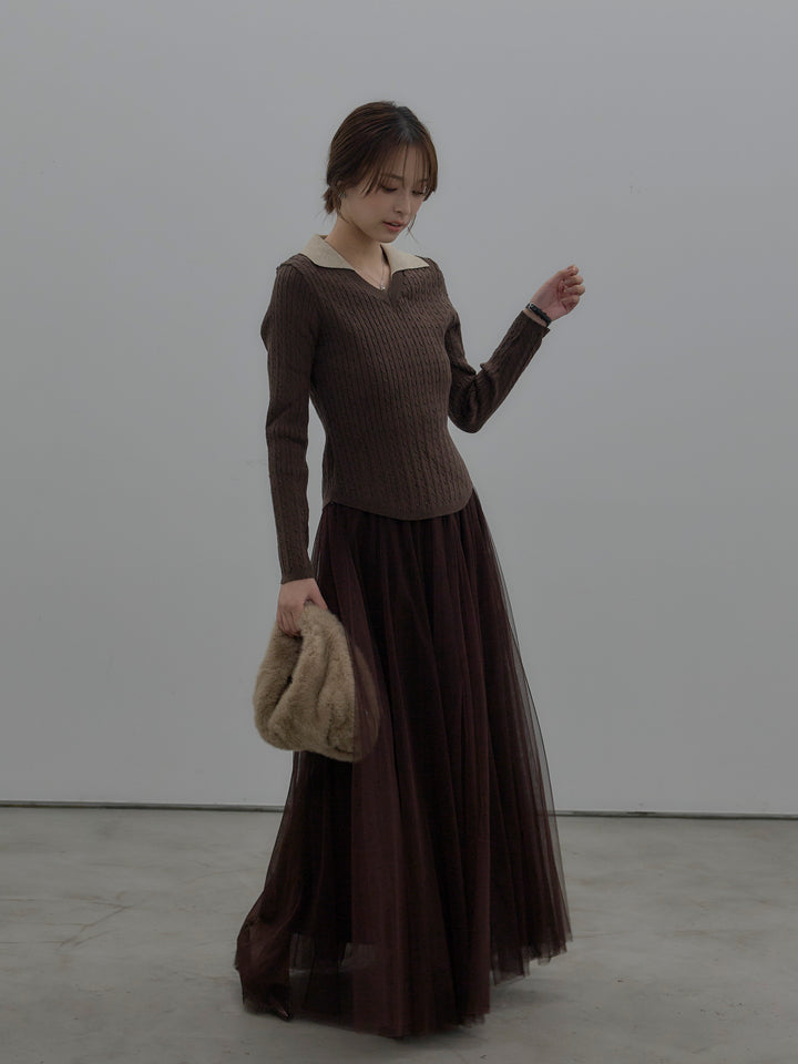 【SET】配色Vネックケーブルニットトップス+ボリュームチュールスカート(2set)
