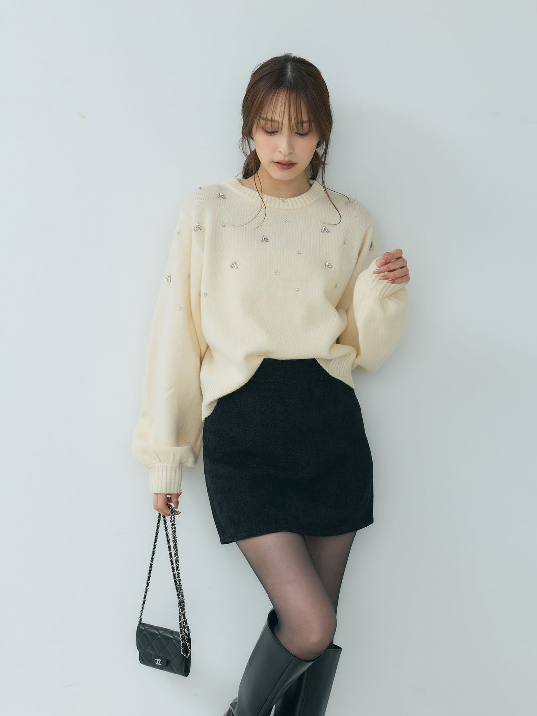 【SET】ビジューニットトップス+ベロアミニスカート(2set)