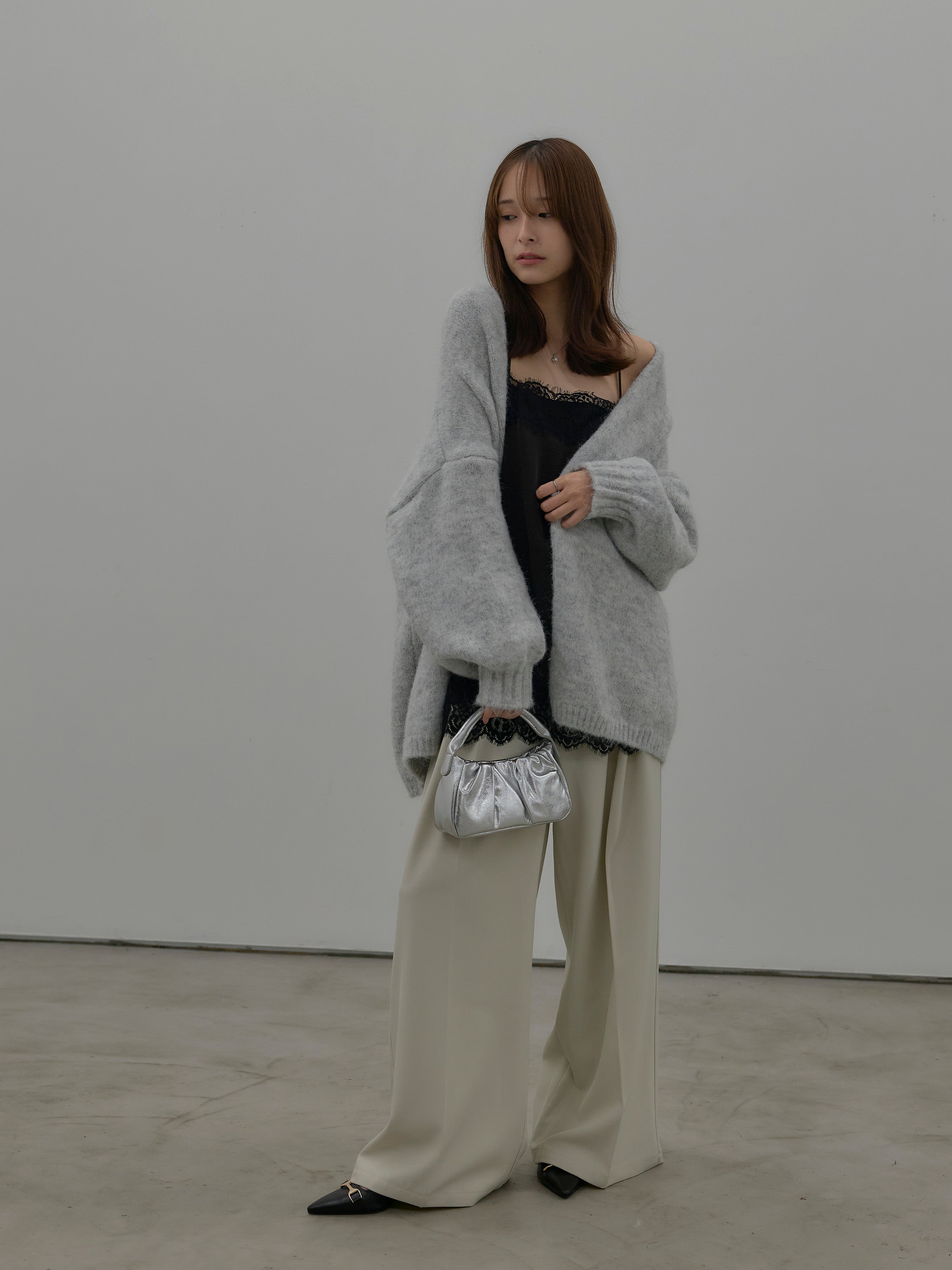 SET】モヘアライクオーバーニットカーディガン+レースサテン