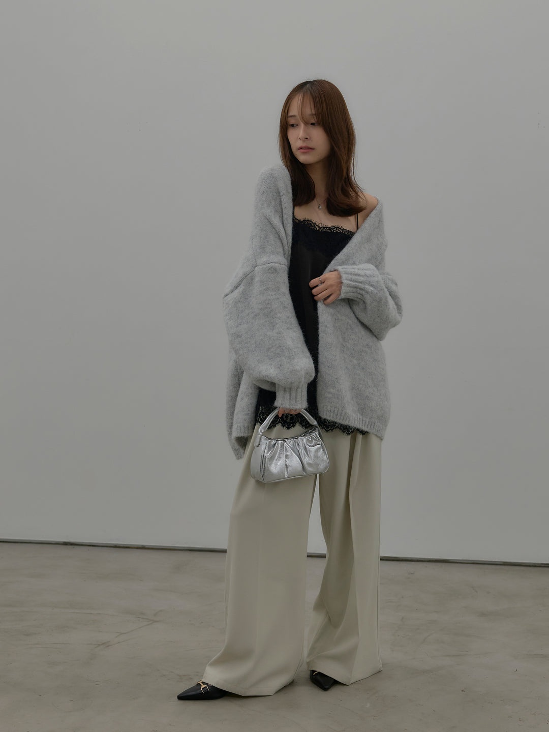 【SET】モヘアライクオーバーニットカーディガン+レースサテンキャミソール(2set)