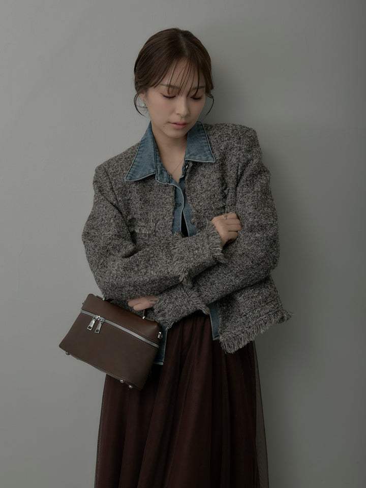 【SET】デニムドッキングオーバーサイズツイードジャケット+ボリュームチュールスカート(2set)