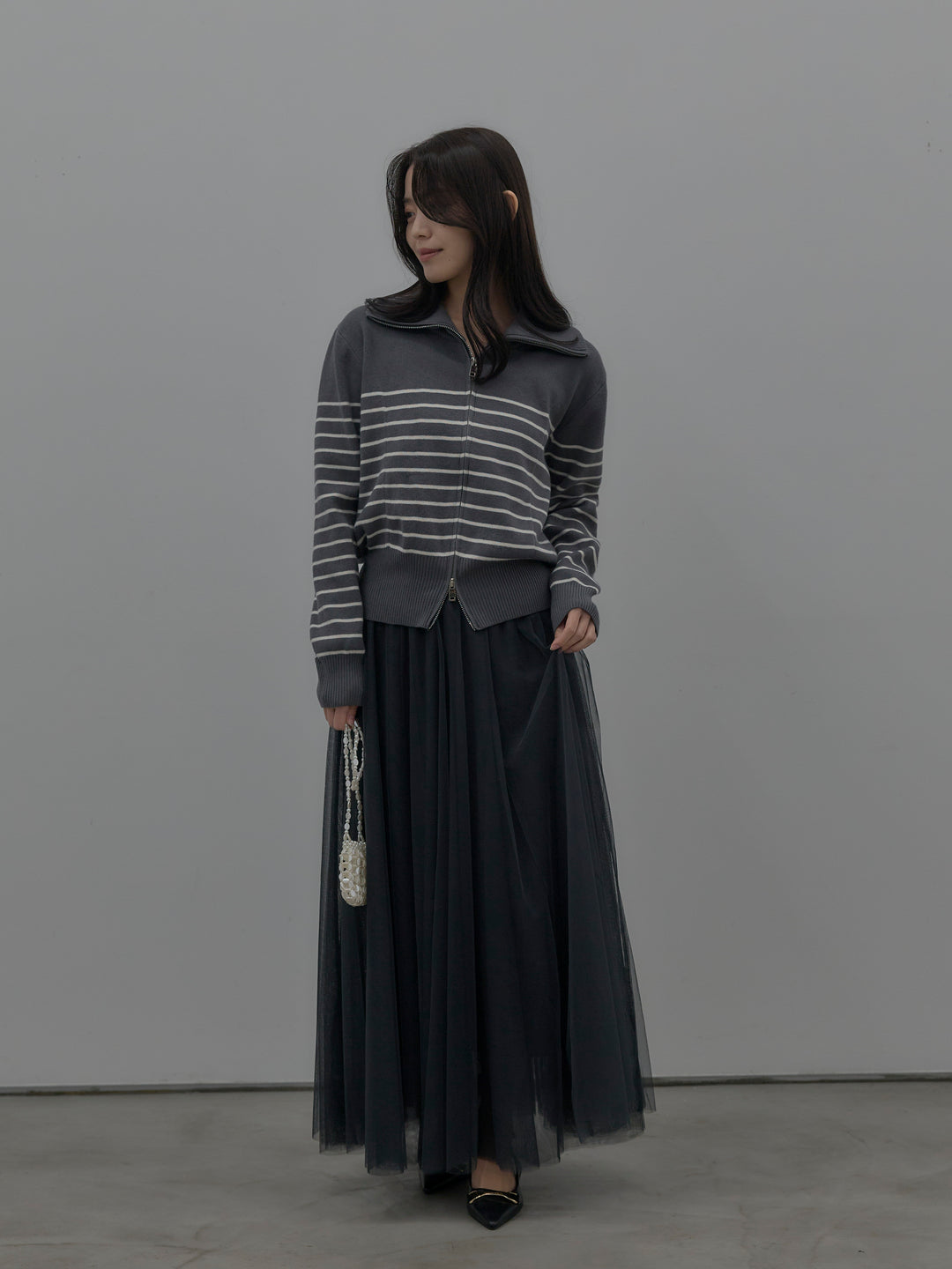 ダブルZIPハイネックボーダーニットトップス