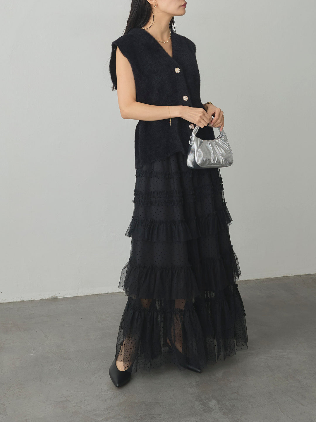 【SET】シャギーニットペプラムベスト+ドットチュールティアードスカート(2set)