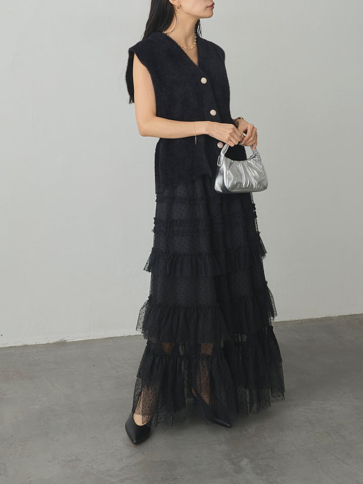 【SET】シャギーニットペプラムベスト+ドットチュールティアードスカート(2set)