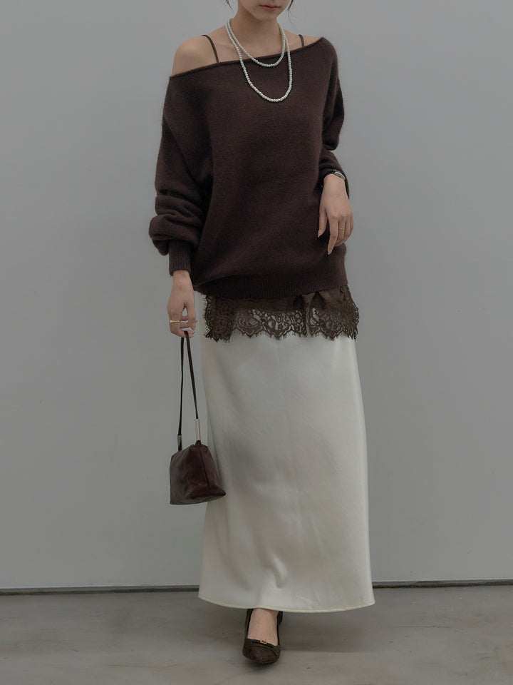 【SET】【premium touch】2wayショルダーニットプルオーバー+レースサテンキャミソール+ナローAラインサテンスカート(3set)