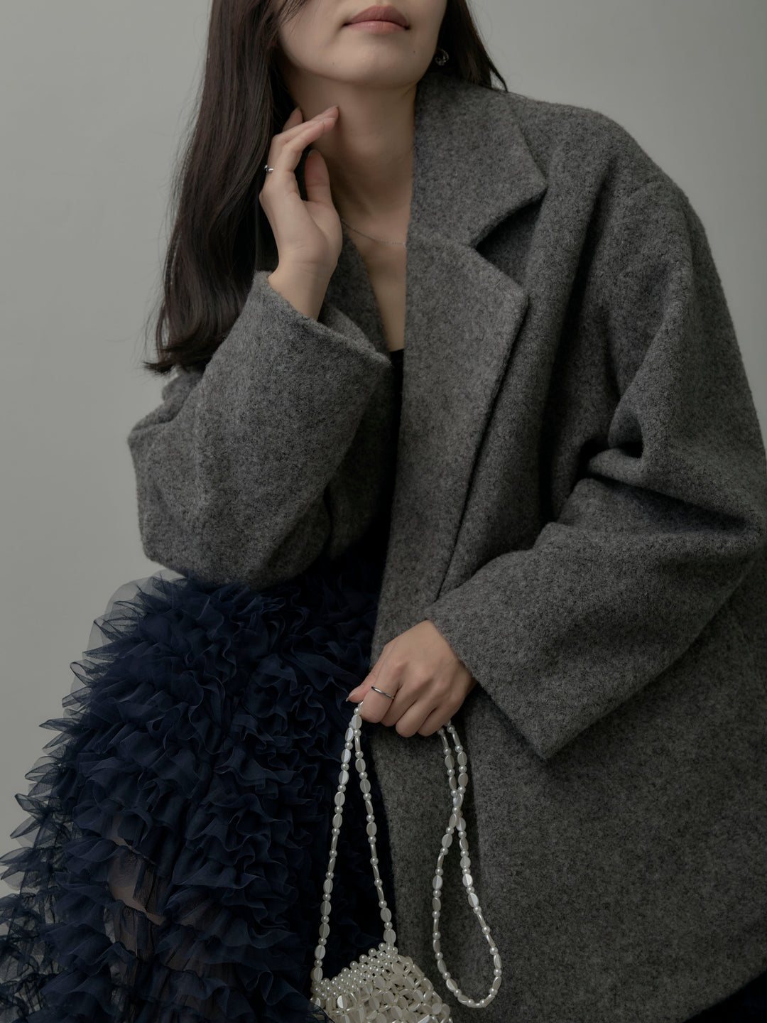 【SET】【Essential】オーバーサイズジャケットコート+ドラマチックフリルチュールスカート(2set)