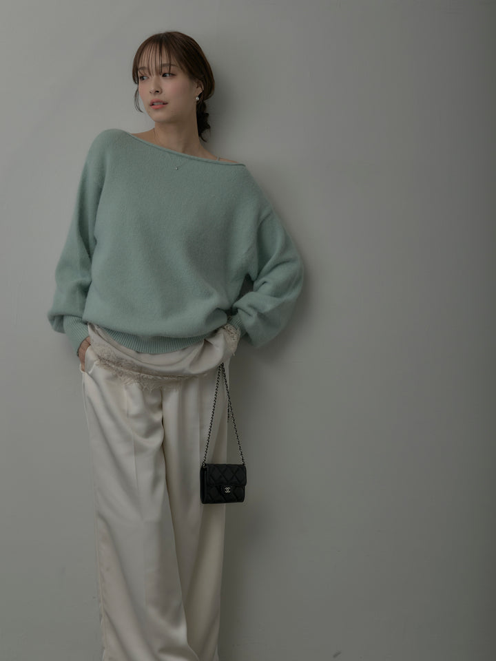 【SET】【premium touch】2wayショルダーニットプルオーバー+レースサテンキャミソール+【Essential】センタープレスサテンパンツ(3set)