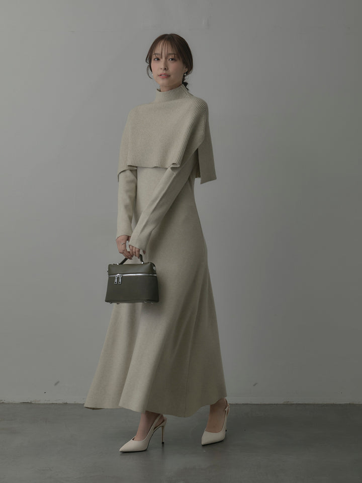 ケープ付きリブニットロングワンピース