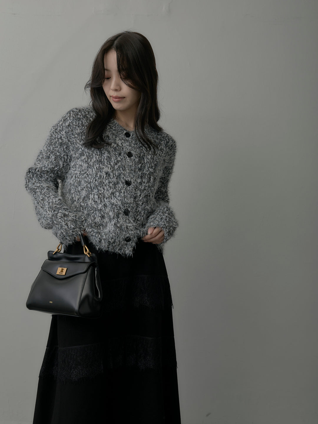 【SET】フェザーループニットカーディガン+レースデザインフレアスカート(2set)