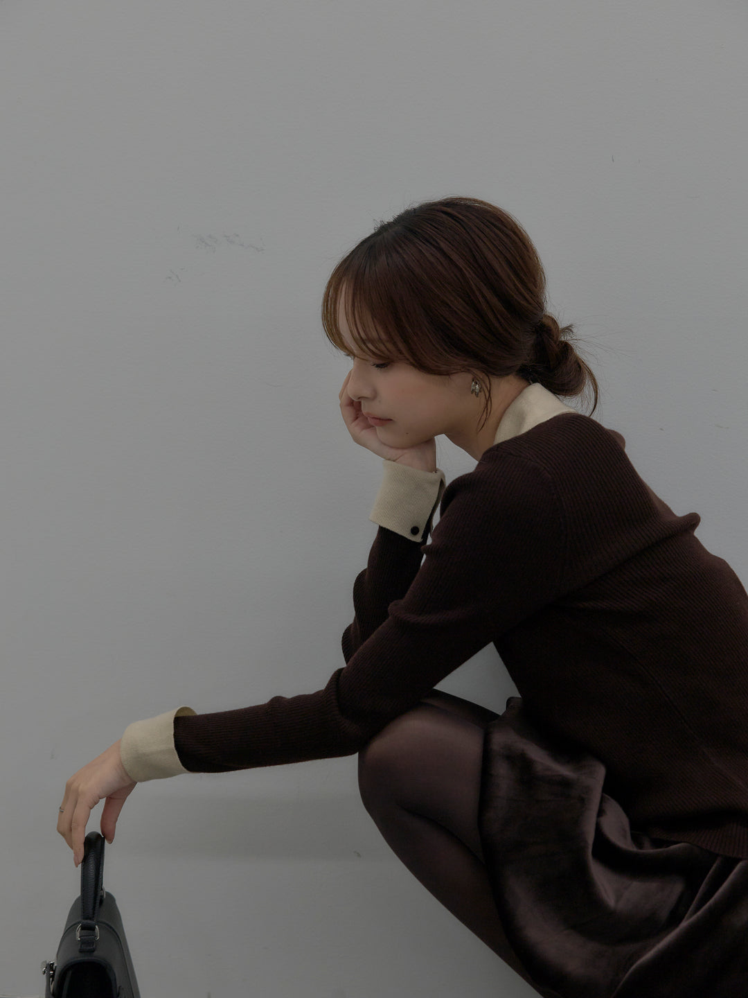 【SET】配色カフスニットポロ+ベロアバルーンミニスカート(インパン付き)(2set)