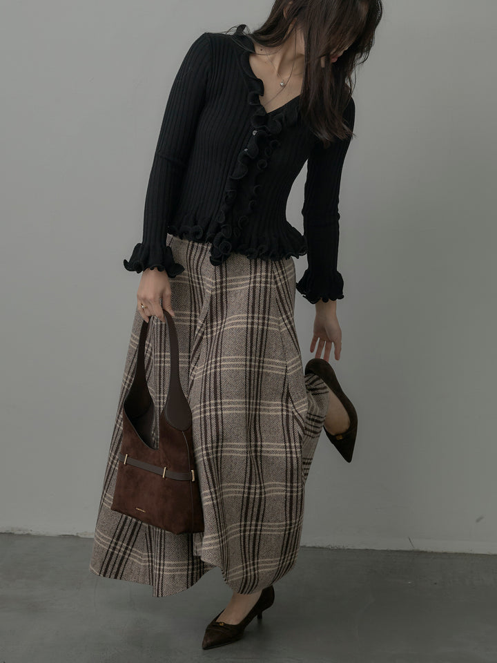 【SET】Vネックフリルデザインニットトップス+【Essential】クラシカルチェックウールタッチスカート(2set)