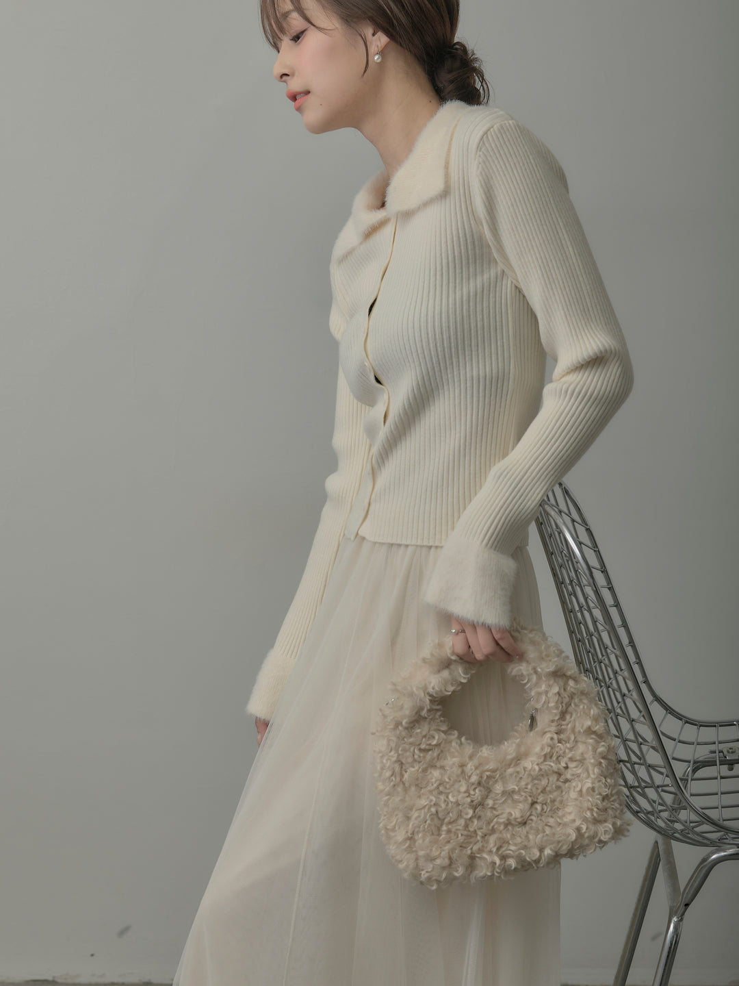 シャギー襟リブニットポロトップス