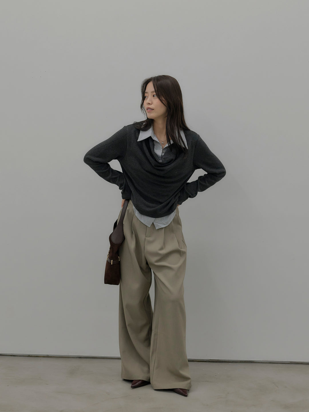 【SET】シャツレイヤードドレープニットトップス+デザインタックワイドパンツ(2set)