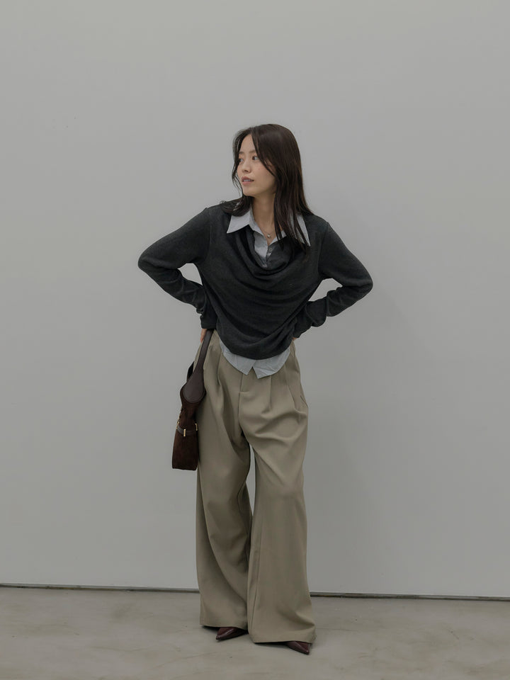 【SET】シャツレイヤードドレープニットトップス+デザインタックワイドパンツ(2set)