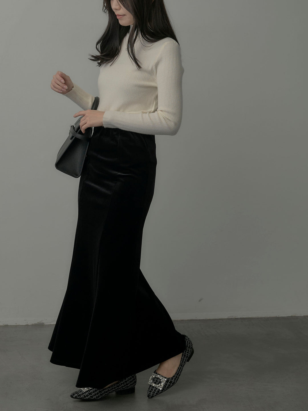 【SET】マフラー付き2WAYケープコート+リブニットタートルネック+ベロアマーメイドスカート(3set)