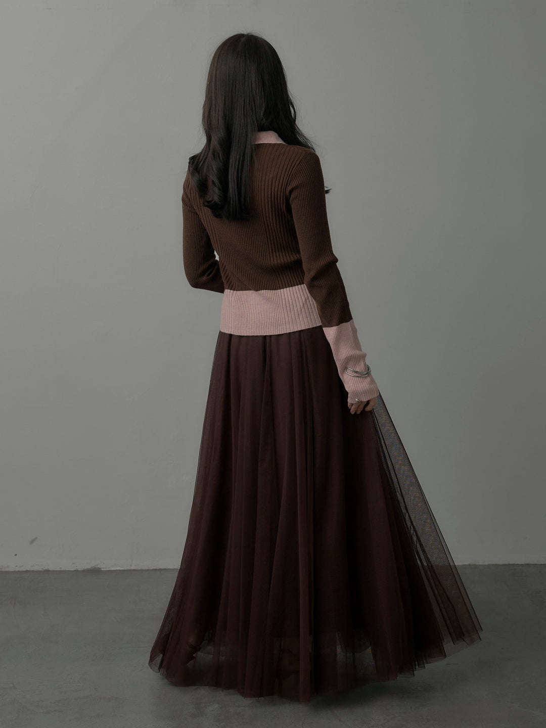 【SET】バイカラーリブニットポロトップス+ボリュームチュールスカート(2set)