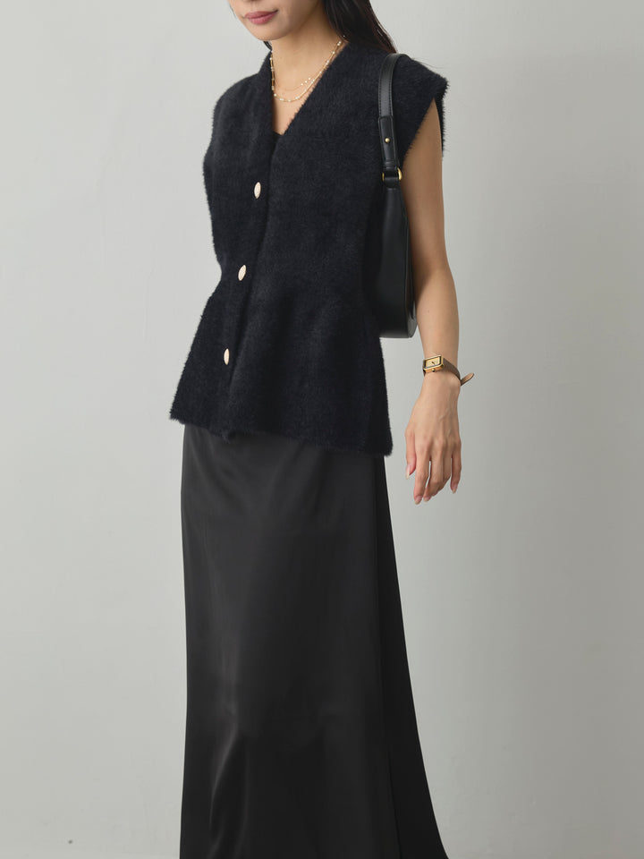 【SET】シャギーニットペプラムベスト+【Essential】サテンドレープキャミワンピ(2set)