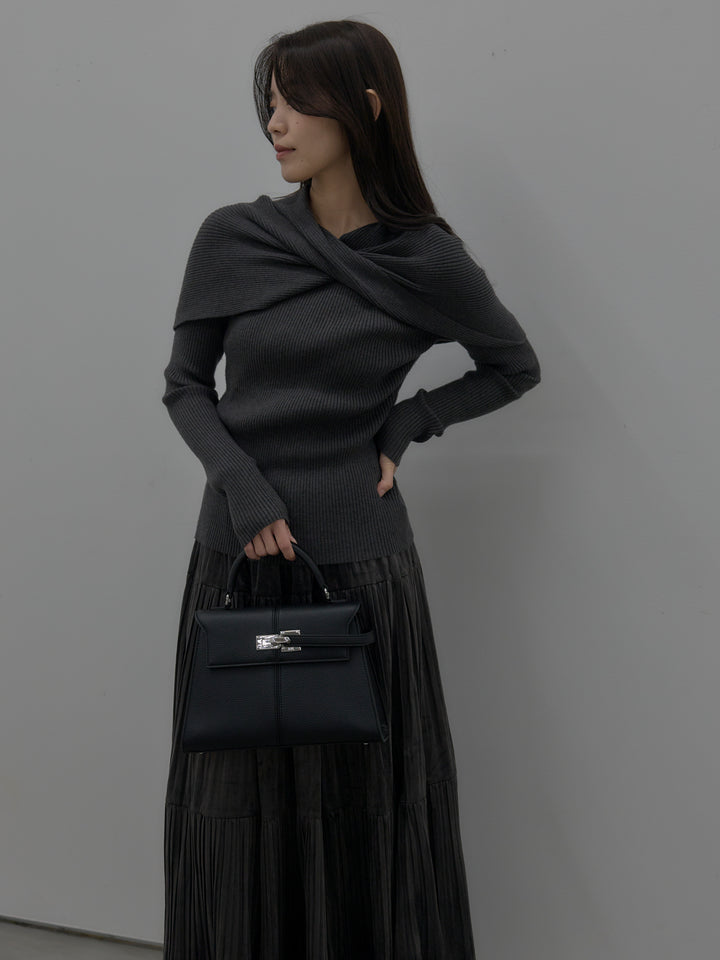 【SET】ケープライクデザインリブニットトップス+ベロアプリーツティアードスカート(2set)