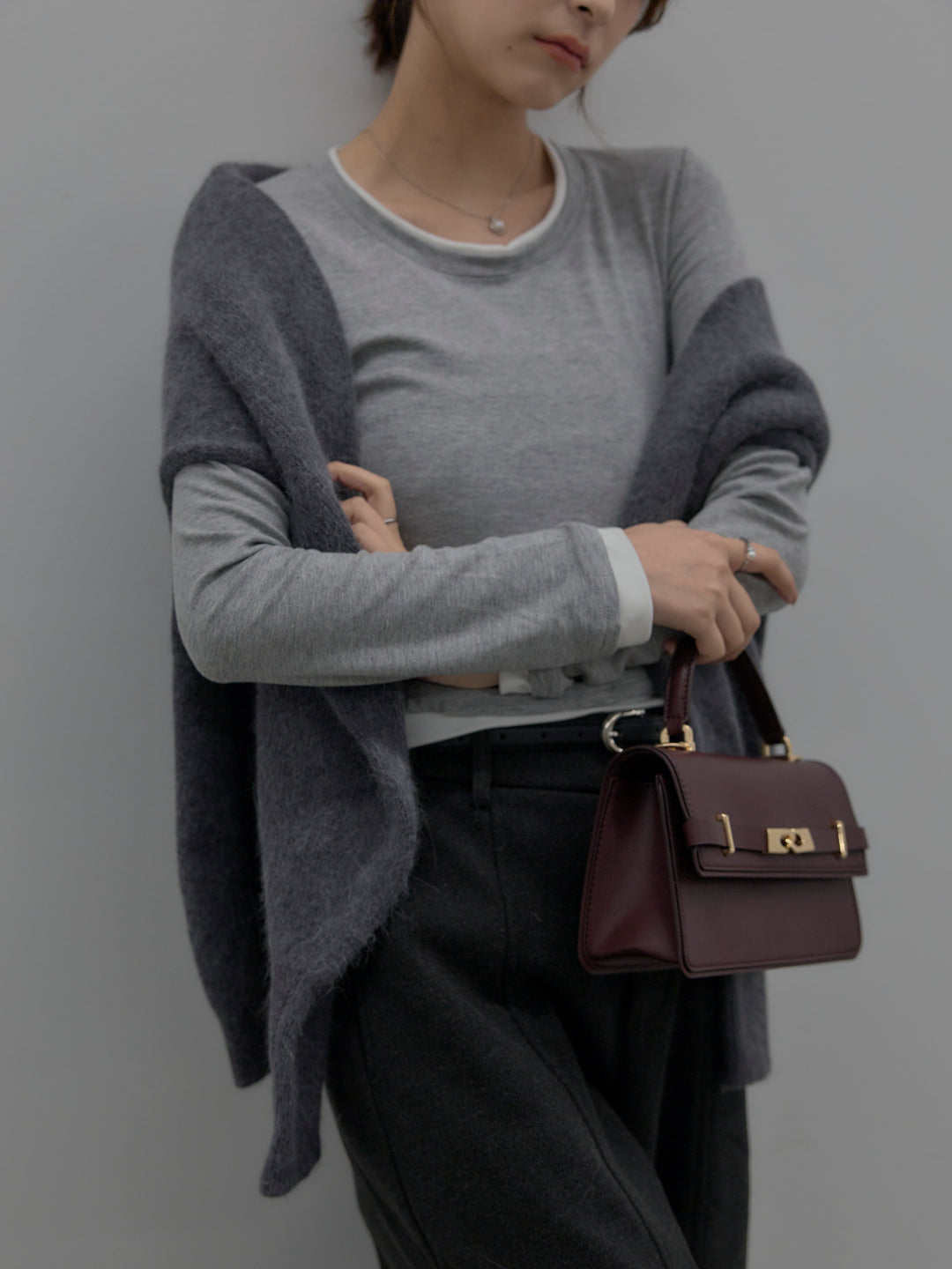 【SET】バイカラーレイヤードカットソー+カーブデザインスウェットライクパンツ(2set)