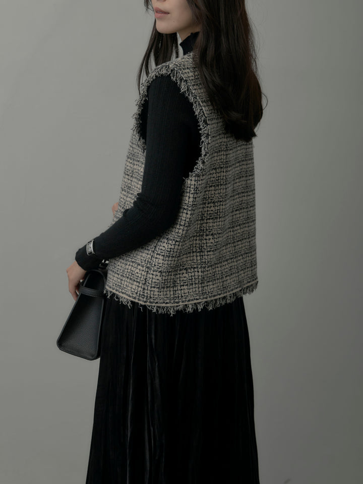 【SET】ツイードフリンジベスト+リブニットタートルネック+ベロアワッシャープリーツスカート(3set)