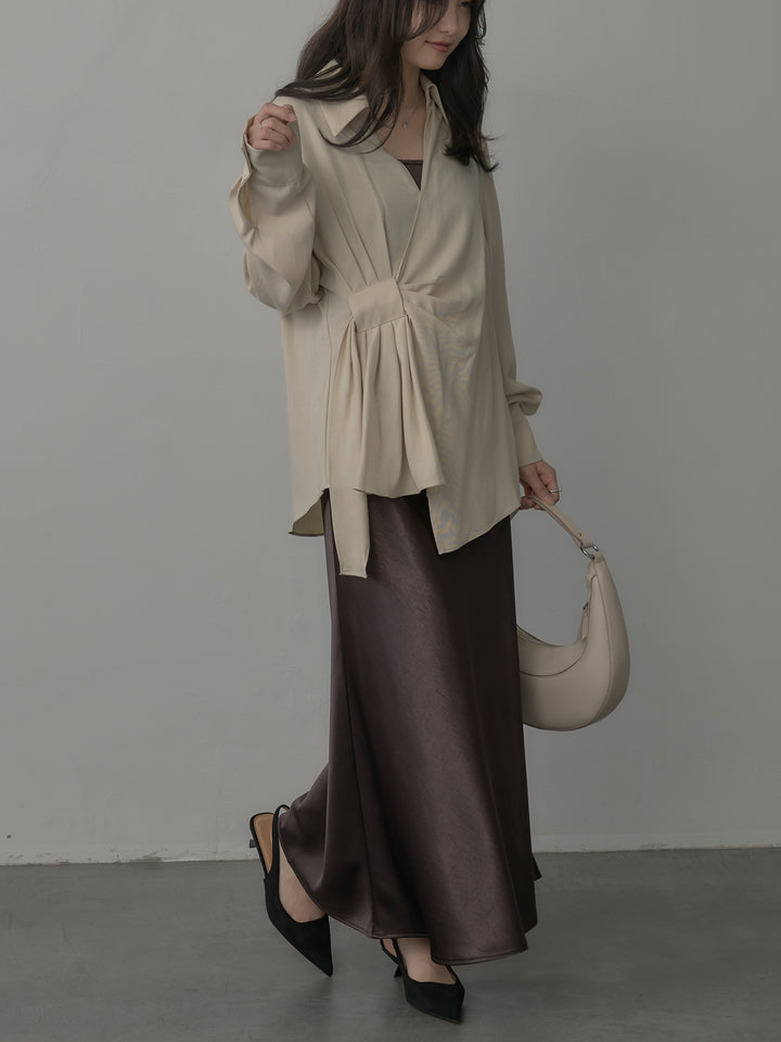 【SET】フロントラップデザインシャツ+ナローAラインサテンスカート(2set)