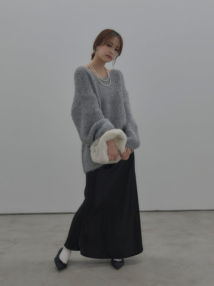 【SET】ラメ糸ローゲージ編みオーバーニットトップス+ナローAラインサテンスカート(2set)