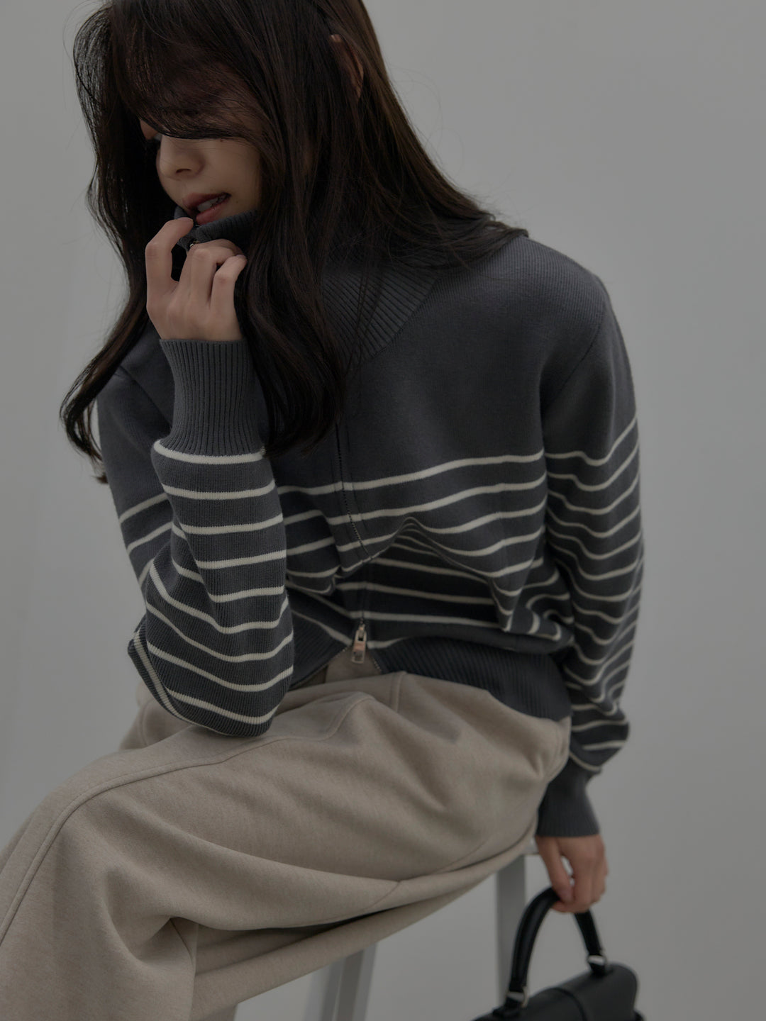 【SET】ダブルZIPハイネックボーダーニットトップス+裏起毛センターシームタックワイドパンツ(2set)