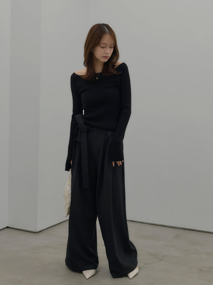 【SET】モヘアライクオーバーニットカーディガン+スクエアネックリブニット+ウエストリボンワイドパンツ(3set)