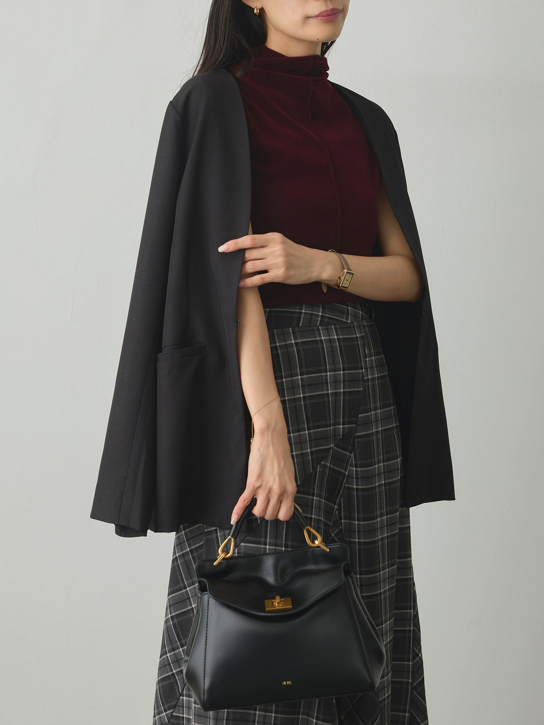 【SET】【Essential】フロントホックノーカラージャケット+メッシュベロアノースリーブトップス+クラシカルチェックパネルスカート(3set)