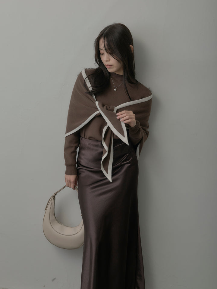 【SET】配色スカーフ付きニットトップス+ナローAラインサテンスカート(2set)