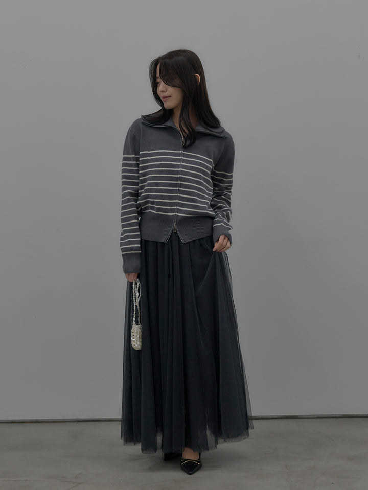 【SET】ダブルZIPハイネックボーダーニットトップス+ボリュームチュールスカート(2set)
