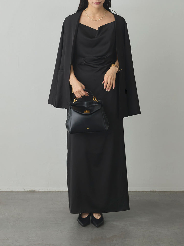 【SET】【Essential】フロントホックノーカラージャケット+【Essential】サテンドレープキャミワンピ(2set)