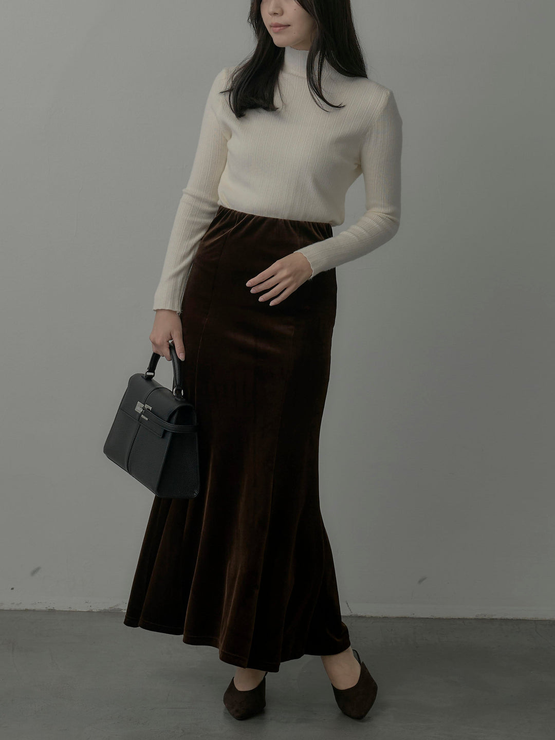 【SET】リブニットタートルネック+ベロアマーメイドスカート(2set)
