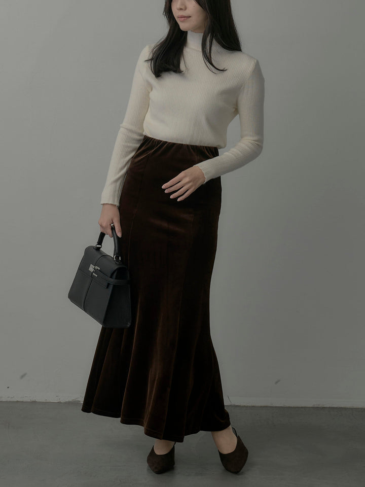 【SET】リブニットタートルネック+ベロアマーメイドスカート(2set)
