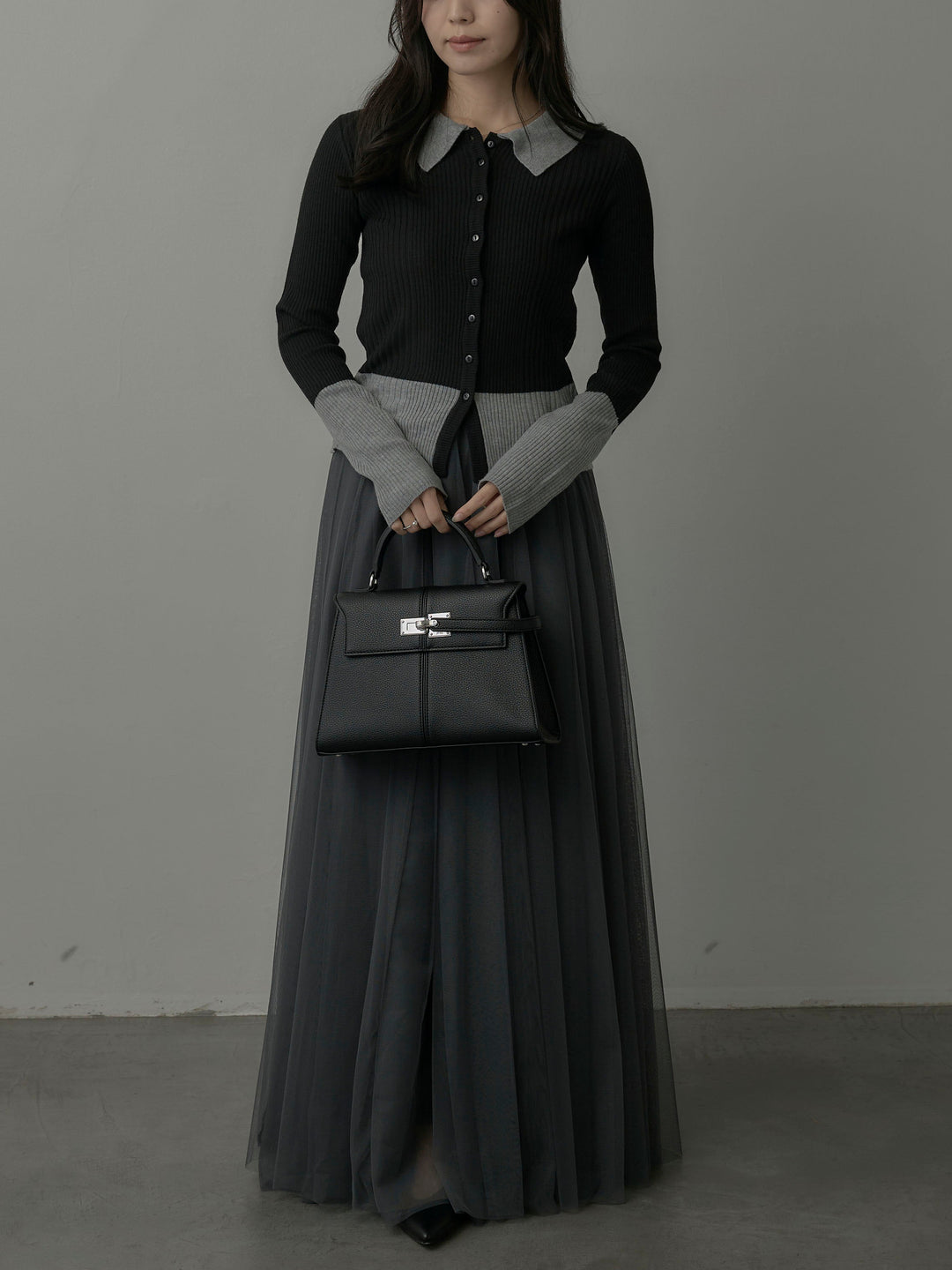 【SET】バイカラーリブニットポロトップス+ボリュームチュールスカート(2set)