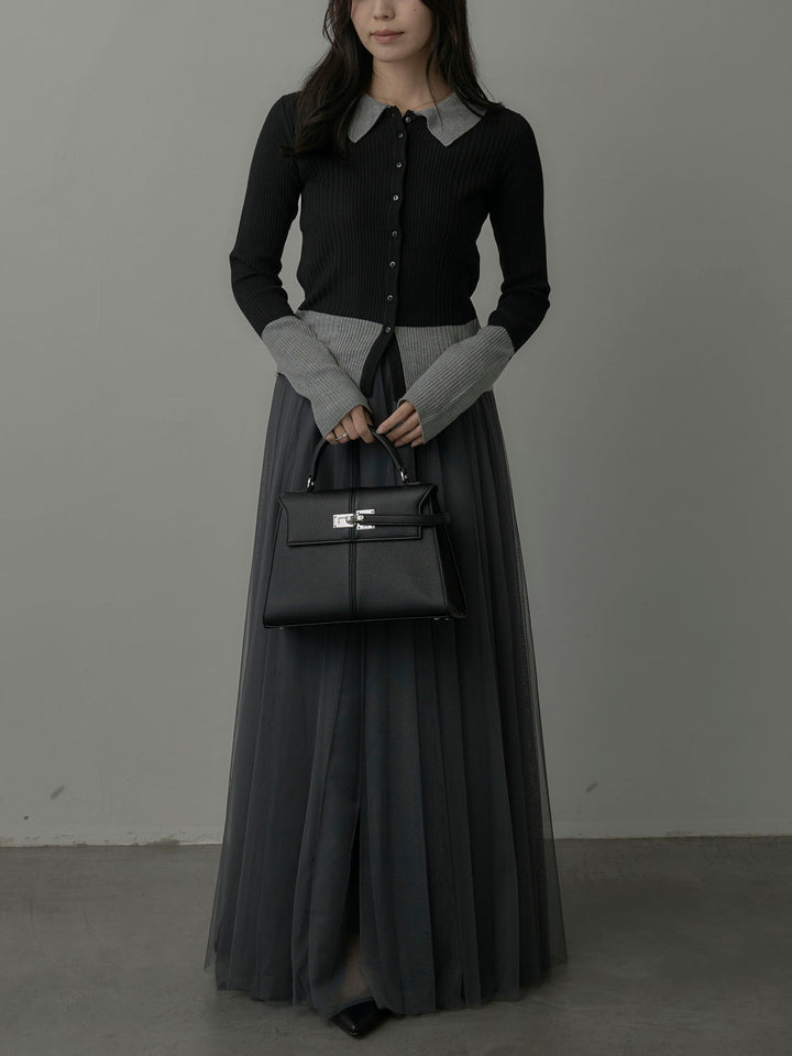 【SET】バイカラーリブニットポロトップス+ボリュームチュールスカート(2set)