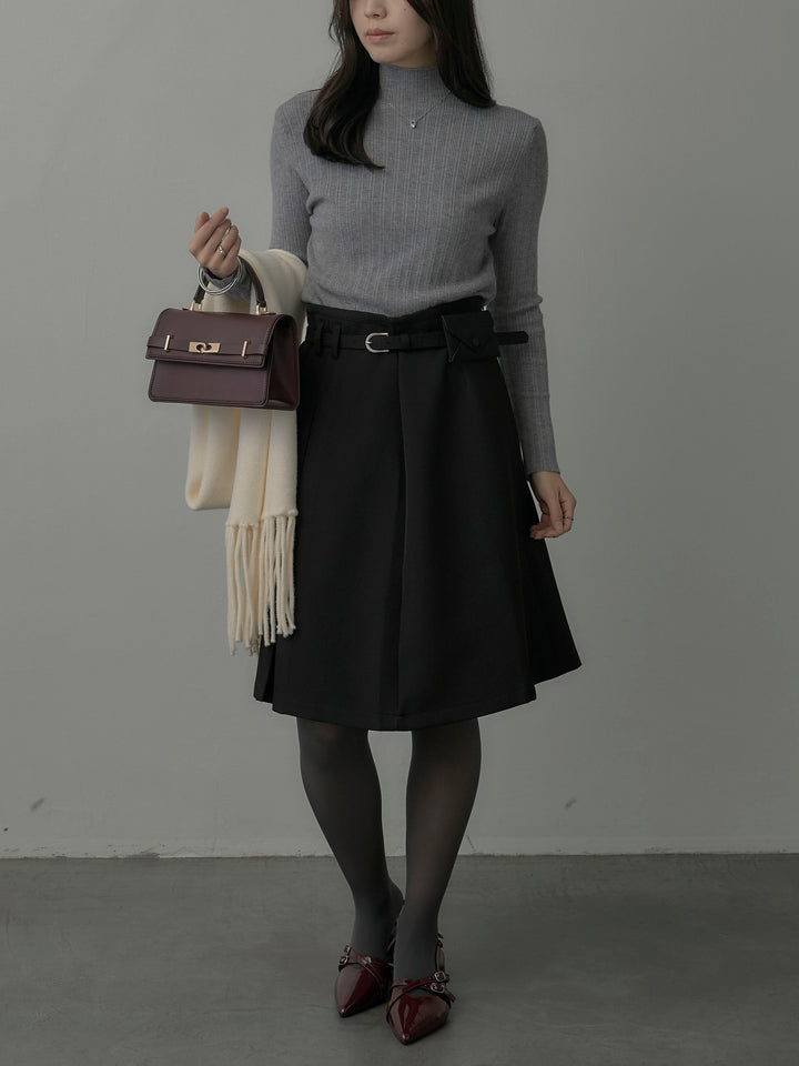 【SET】リブニットタートルネック+ウエストポーチ付きミディスカート(2set)
