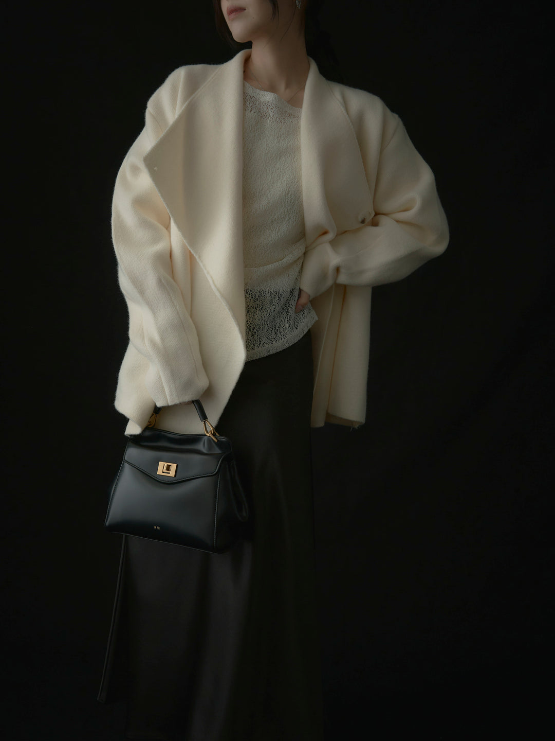 【SET】ショールカラーニットカーディガン+【インナー付き】シアーレーストップス+ヘビーサテンAラインスカート(3set)