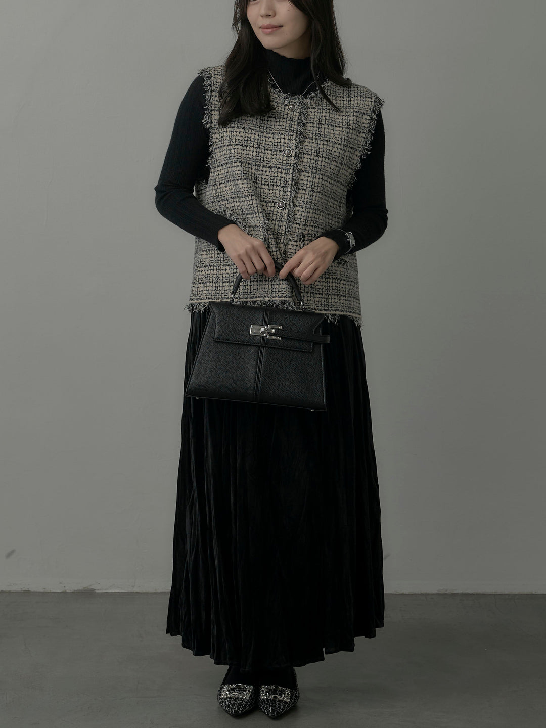 【SET】ツイードフリンジベスト+リブニットタートルネック+ベロアワッシャープリーツスカート(3set)