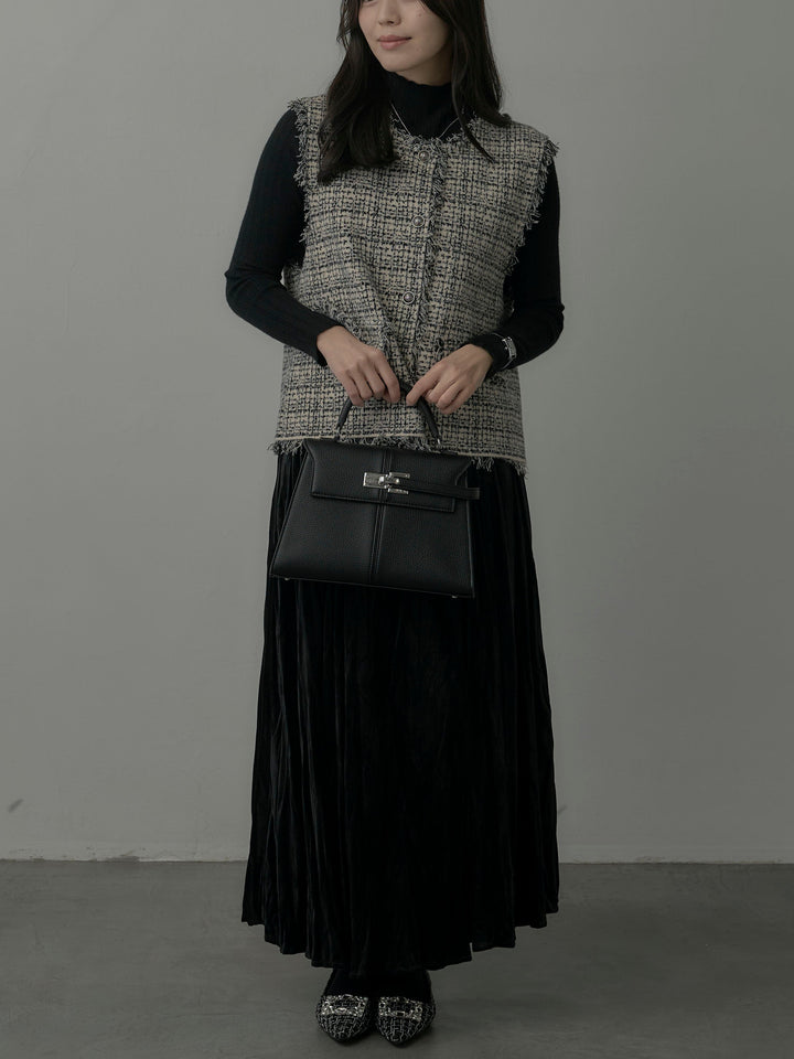 【SET】ツイードフリンジベスト+リブニットタートルネック+ベロアワッシャープリーツスカート(3set)