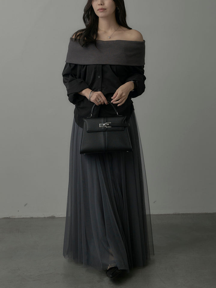 【SET】ニットシャツドッキングオフショルトップス+ボリュームチュールスカート(2set)