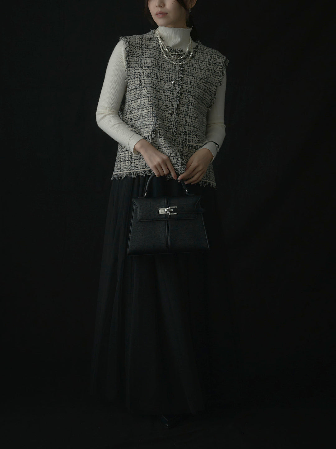 【SET】ツイードフリンジベスト+リブニットタートルネック+ボリュームチュールスカート(3set)