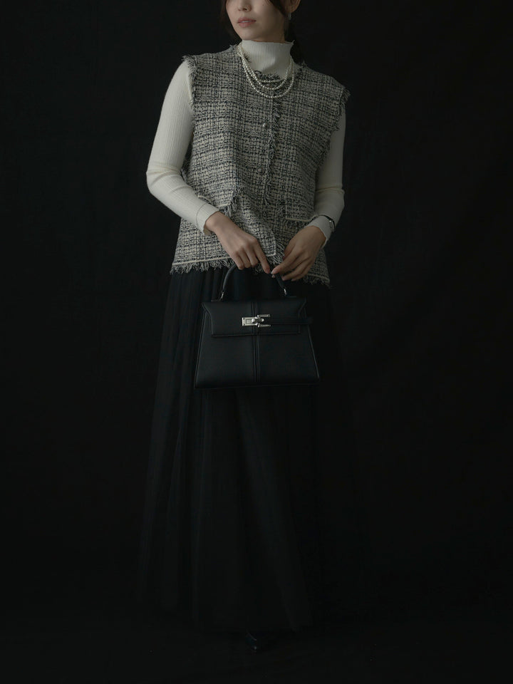 【SET】ツイードフリンジベスト+リブニットタートルネック+ボリュームチュールスカート(3set)