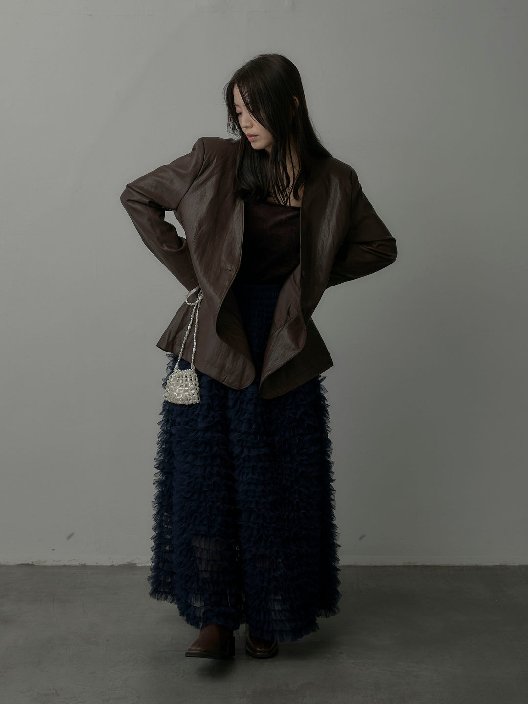【SET】レザーノーカラージャケット+ドラマチックフリルチュールスカート(2set)