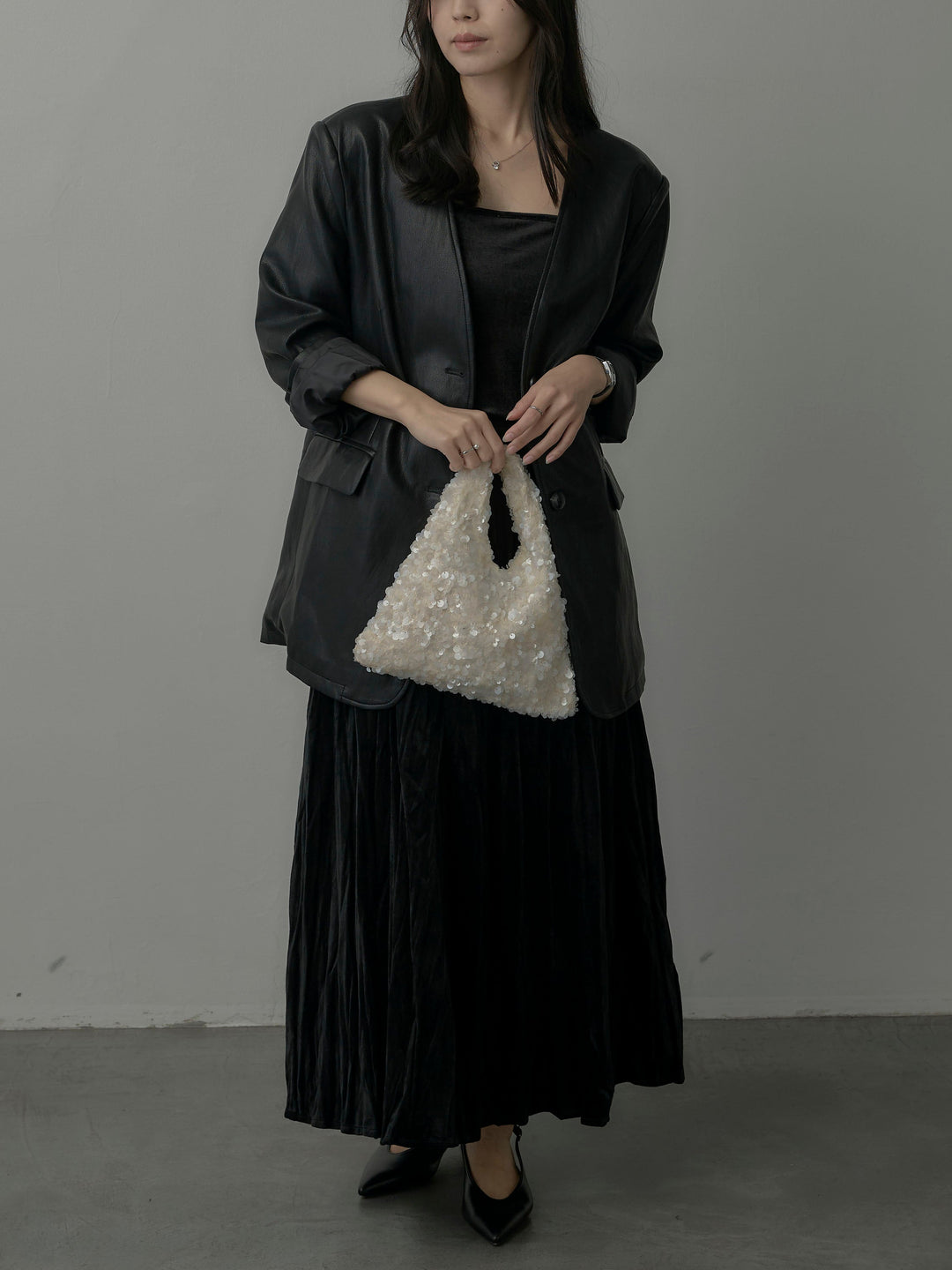 【SET】レザーノーカラージャケット+ベロアワッシャープリーツスカート(2set)