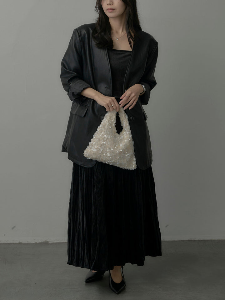 【SET】レザーノーカラージャケット+ベロアワッシャープリーツスカート(2set)