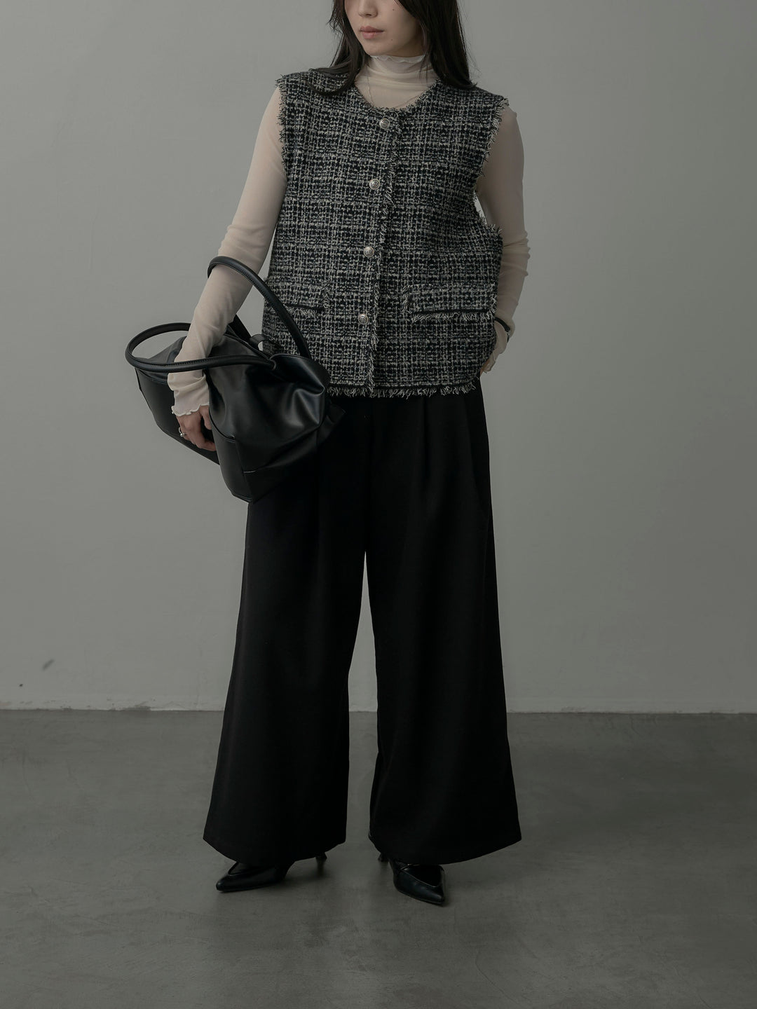 【SET】ツイードフリンジベスト+メロウフリルシアートップス+【ロープベルト付属】ウールタッチワイドパンツ(3set)